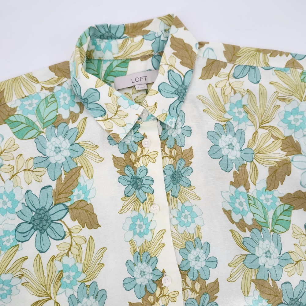 LOFT Women Retro Tropical Floral Linen‎ Blend Top Size S Teal Green Resort Beach